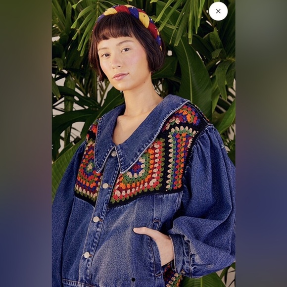 FARM Rio Blue Denim Jacket with Multicolor Crochet Panels - Picture 2 of 7